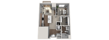 A 3D floor plan of a small apartment with a kitchen, living room, and bathroom.