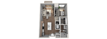 A 3D floor plan of a small apartment with a kitchen, living room, and bathroom.