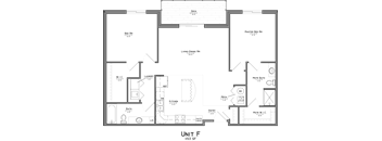 Top down floorplan view of the Gateway layout showing kitchen, living area, bedroom and bathroom at Avenue 204.