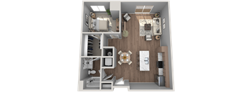 A 3D floor plan of a small apartment with a kitchen, living room, and bathroom.