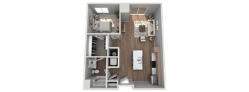 A 3D rendered image of a modern apartment layout.
