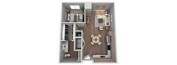 A 3D floor plan of a house showing a kitchen, living room, and bathroom.