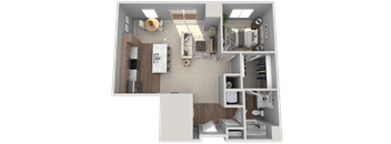 A 3D floor plan of a house showing a kitchen, living room, and bathroom.