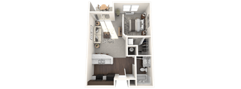 A 3D floor plan of a small apartment with a kitchen, living room, and bathroom.