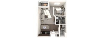 A 3D rendered image of a small apartment layout.