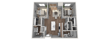 A 3D floor plan of a house showing a kitchen, living room, two bedrooms, and bathrooms.