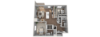 A 3D floor plan of a house showing a kitchen, living room, and bedrooms.