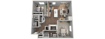 A 3D rendered image of a small apartment layout.