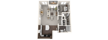 A 3D floor plan of a modern apartment with a kitchen, living room, and bedroom.