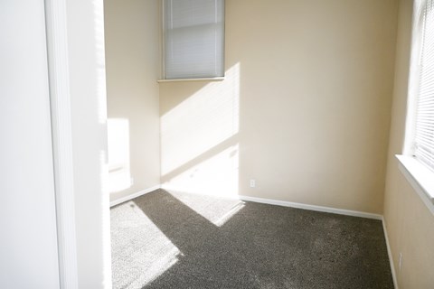 A room with a carpeted floor and a window letting in sunlight.