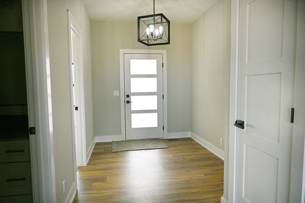 A hallway with a light hanging from the ceiling and a white door.