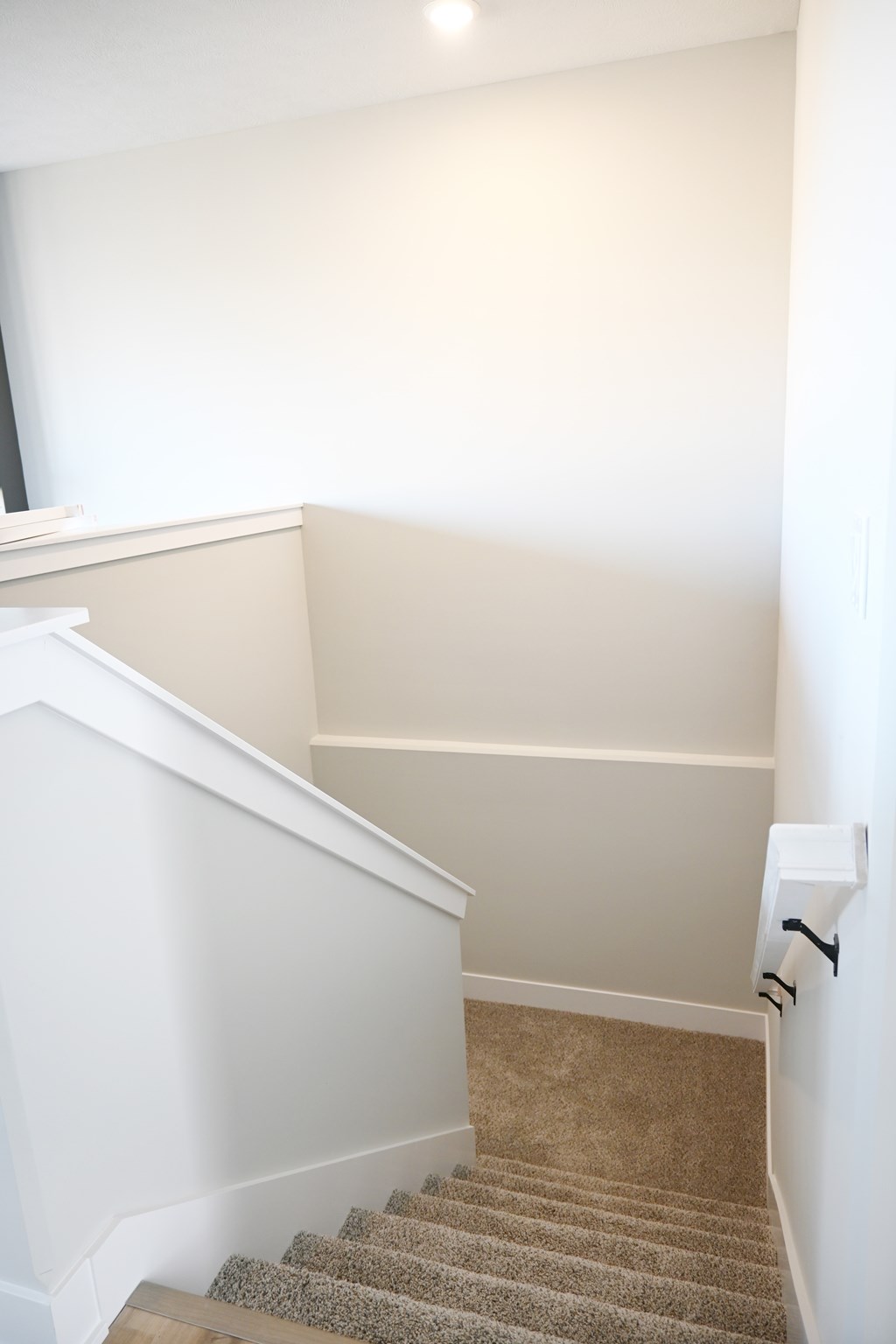 A staircase with a beige carpet and white walls.