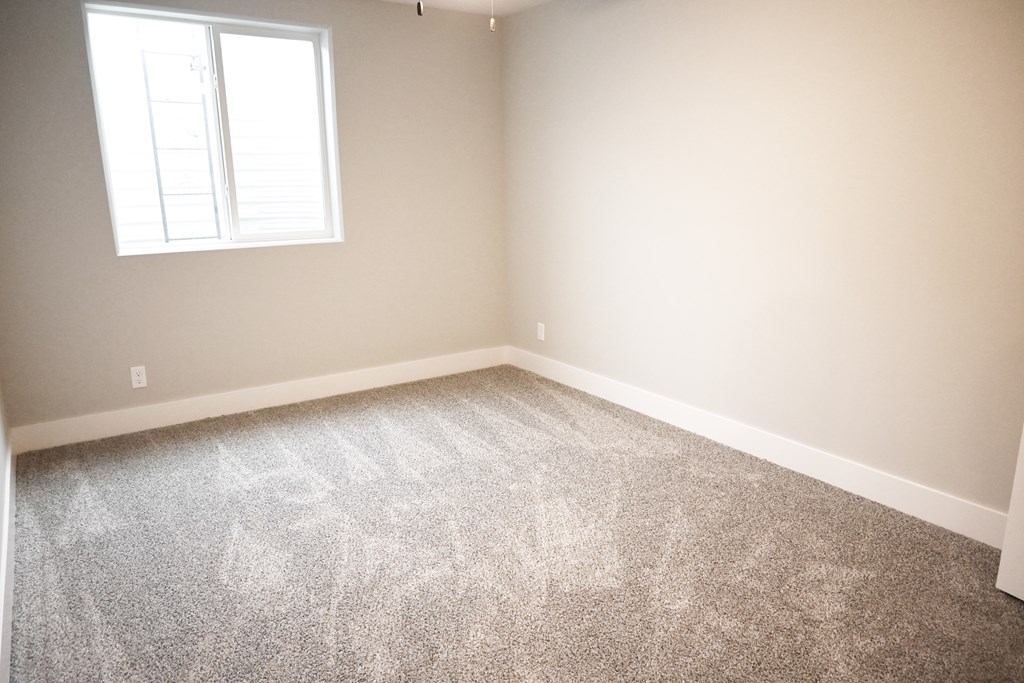 A room with a carpet and a window.