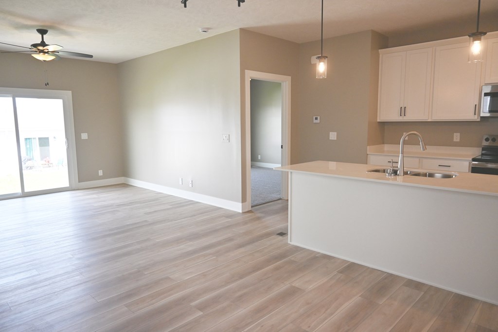 A kitchen with a counter and cabinets.