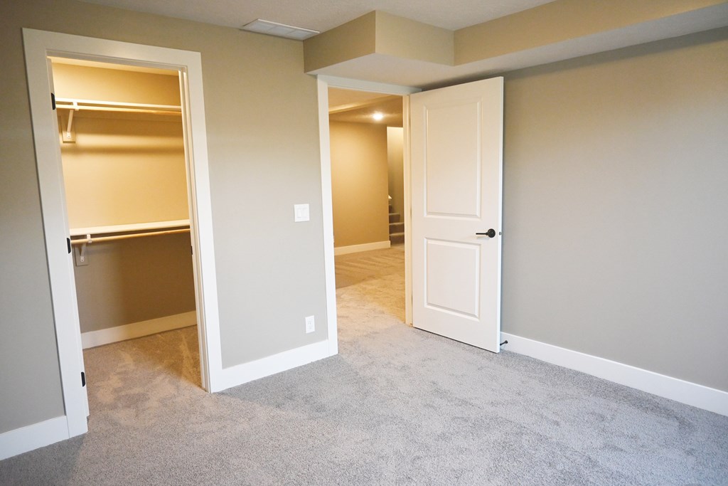 A room with a white door and a white closet with shelves.