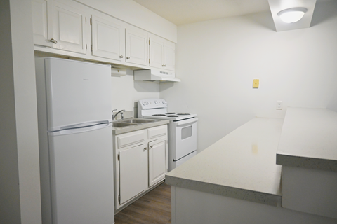 A white kitchen with a refrigerator, stove, and sink.