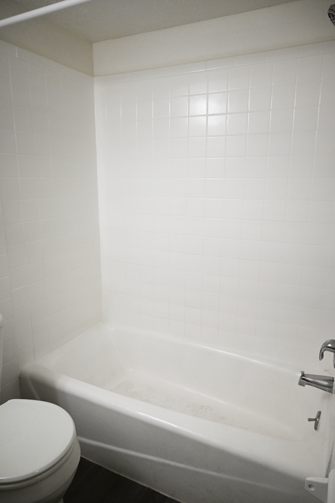 A white bathroom with a toilet and a bathtub.