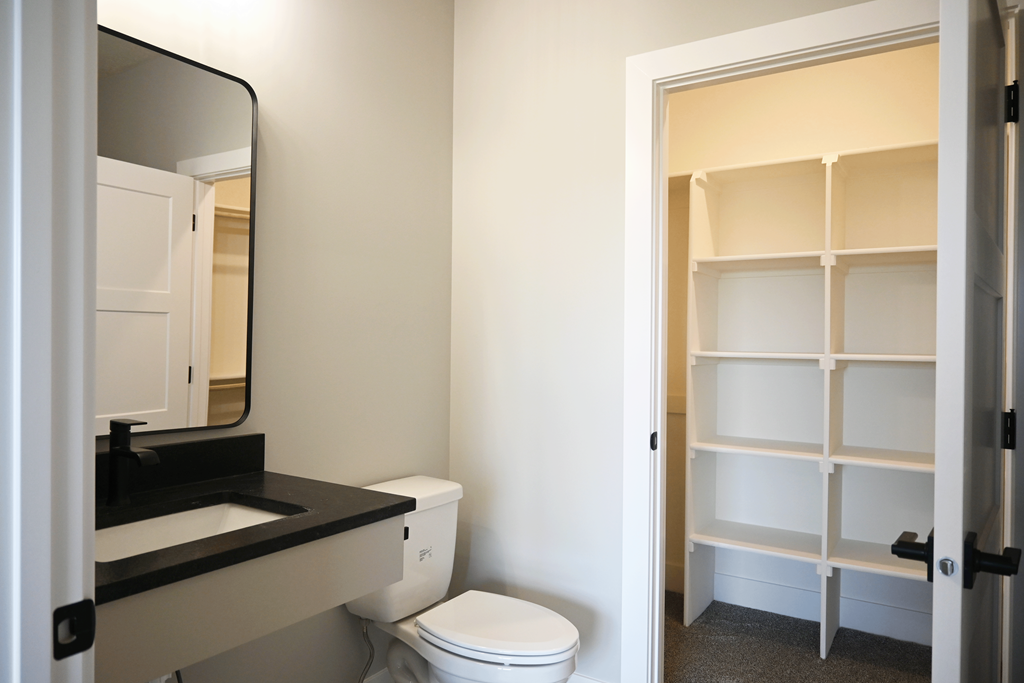 A bathroom with a toilet, sink, and shelves.