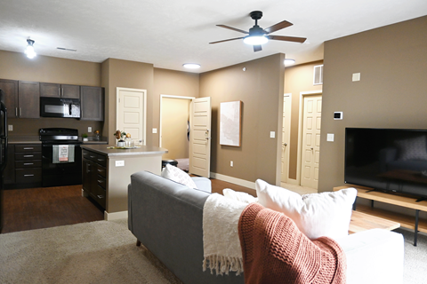 A living room with a grey couch and a ceiling fan.