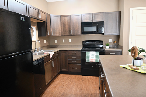 A black refrigerator is in a kitchen with wooden cabinets.