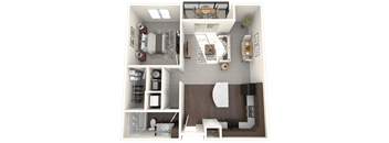 A 3D floor plan of a house showing a kitchen, living room, and bathroom.