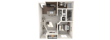 A 3D floor plan of a small apartment with a kitchen, living room, and bathroom.