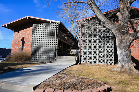 A building with a brick facade and a large tree in front.