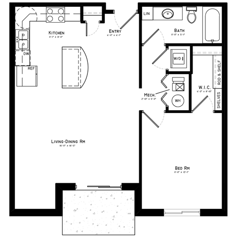 A floor plan of a house with a kitchen, living room, dining room, bedroom, bathroom, and a workshop.