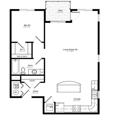 A floor plan of a living and dining room with a kitchen and bathroom.