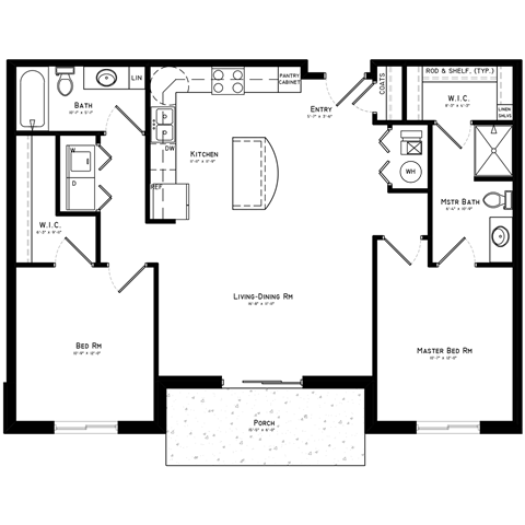 A floor plan of a house with a living room, two bedrooms, a bathroom, and a kitchen.