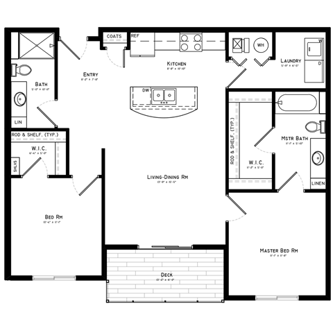 A floor plan of a house with a living room, kitchen, and two bedrooms.