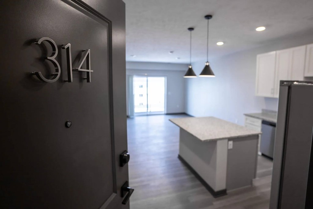 A modern kitchen with a dark brown door that has the number 314 on it.