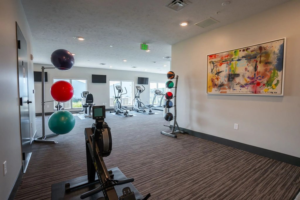 A gym with exercise balls and weightlifting equipment.