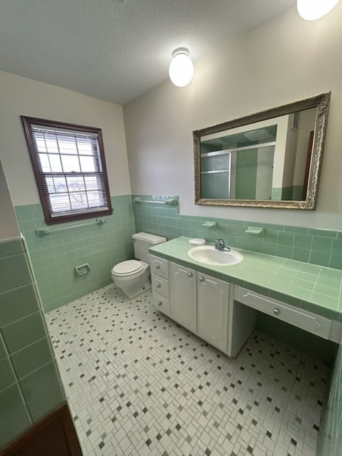 A bathroom with a green tiled floor and a white sink.