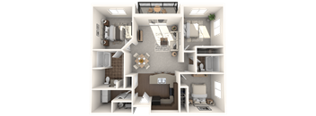 A 3D floor plan of a small apartment with a kitchen, living room, and bathroom.
