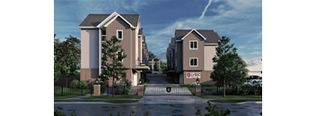 Exterior view of Lyric Townhomes showing modern townhome buildings with private entrances and landscaping.