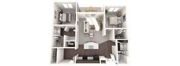 A 3D floor plan of a house showing a kitchen, living room, dining room, and bedrooms.