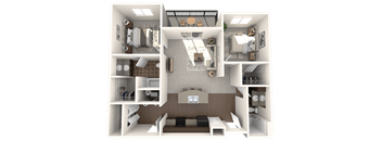 A 3D floor plan of a small apartment with a kitchen, living room, and two bedrooms.