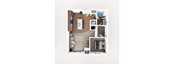 Top down floorplan view of the Marlowe layout showing living area, kitchen, bedroom, bathroom and laundry at Heartland Flats Alliance.