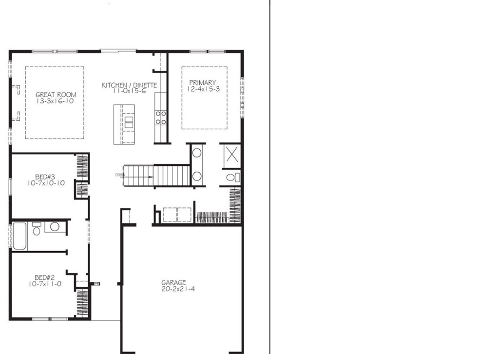 A black and white floor plan of a house with a great room, kitchen/diette, and two bedrooms.