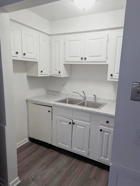 A small white kitchen with a sink and cabinets.