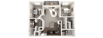 A 3D floor plan of a small apartment with a kitchen, living room, and bathroom.