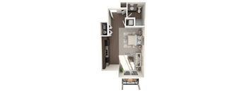 A 3D floor plan of a small apartment with a kitchen, living room, and bathroom.