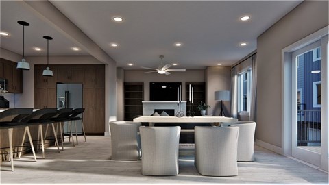 A modern dining room with a large table and chairs.