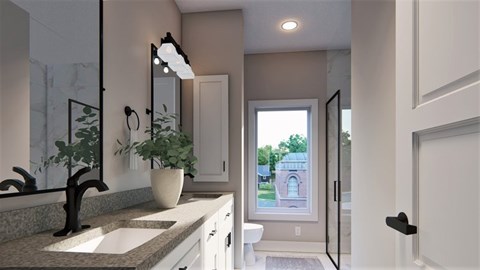 A bathroom with a sink, mirror, and a potted plant.