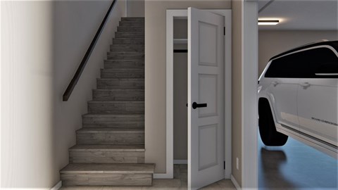 A white car is parked in a garage.