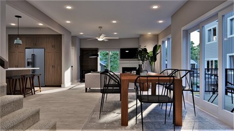 A modern living room with a dining table and chairs.