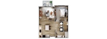 Top down floorplan view of a furnished 1 bedroom layout showing kitchen, living area, bedroom and bathroom at The Harbor.