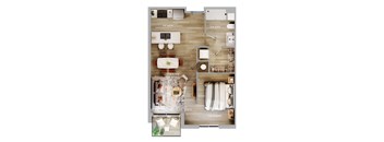 Top down floorplan view of a furnished studio layout showing kitchen, living area, bed space and bathroom at The Harbor.