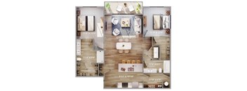 Top down floorplan view of the Jib layout showing kitchen, living area, bedrooms and bathroom at The Harbor.
